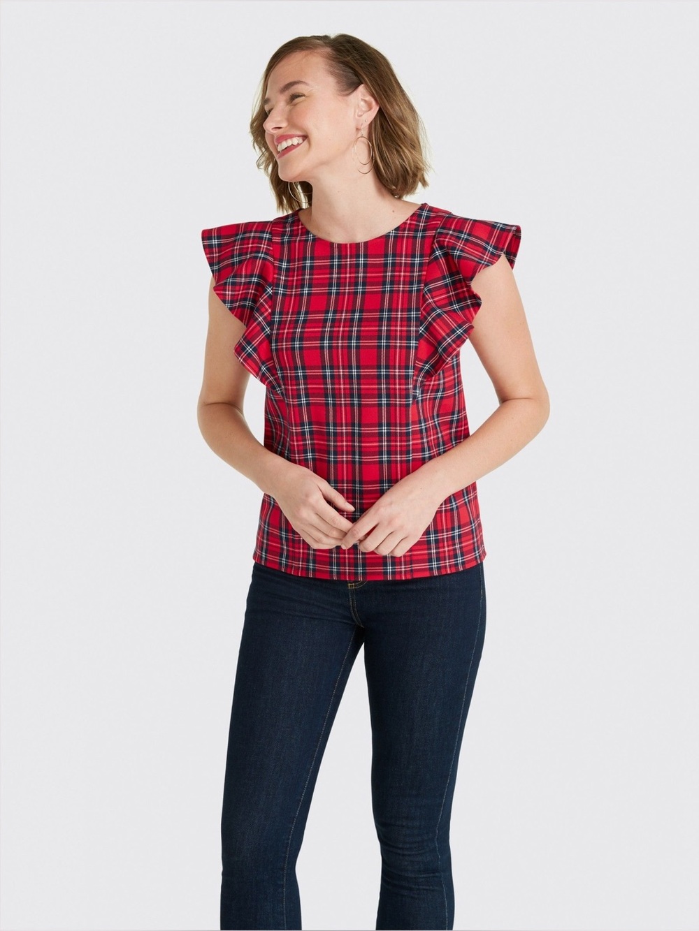 Draper James Red Tartan Plaid Ruffle Flutter Sleeve Top Size 0 Holiday Christmas